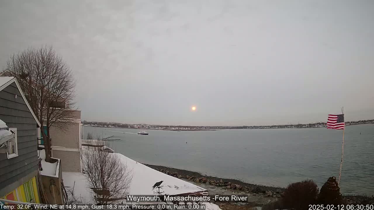 A snow-covered waterfront scene shows a calm river under a muted, sunlit sky, with a boat in the distance and an American flag waving in the breeze.