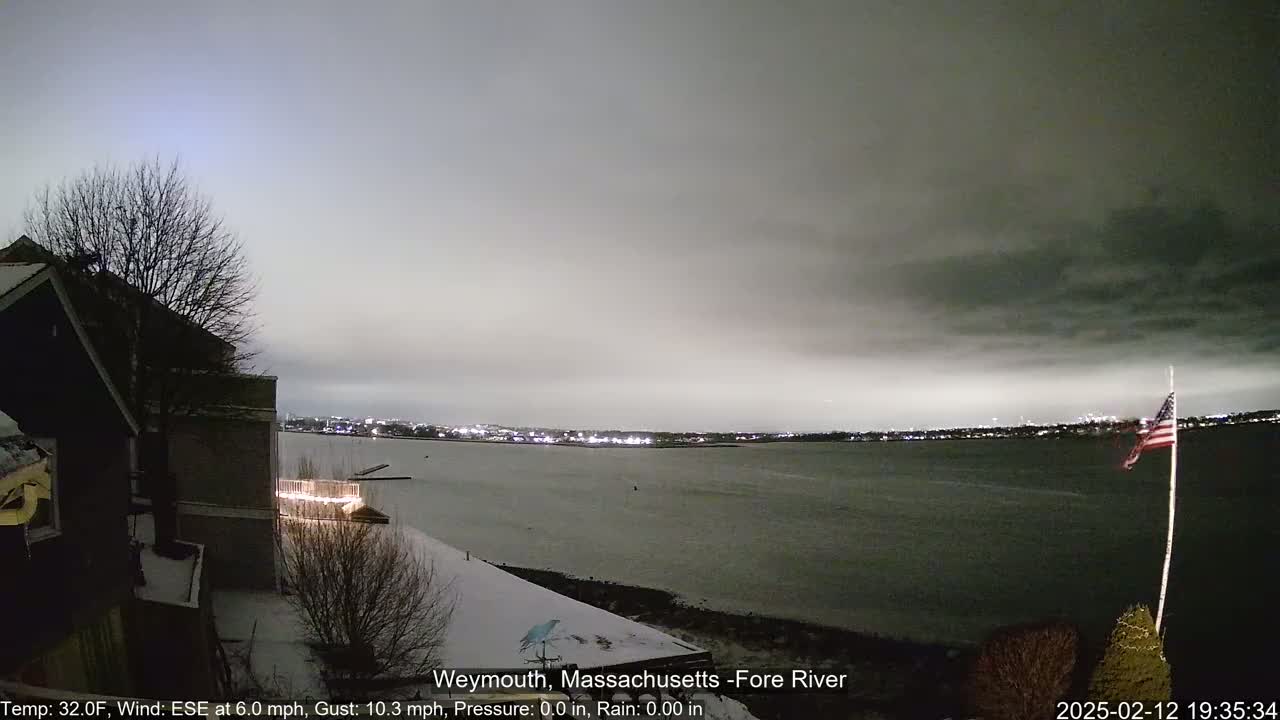 A nighttime view of a snow-dusted waterfront with a calm body of water, city lights across the river, and an American flag waving gently under an overcast sky.