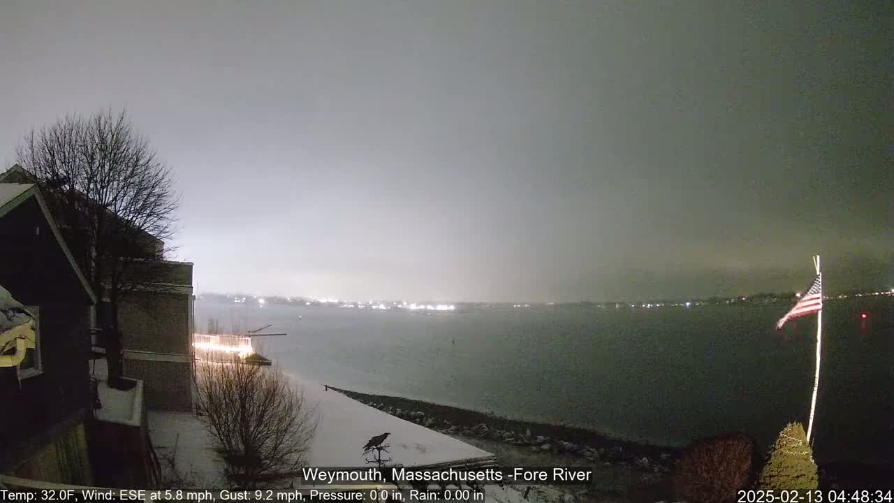 A nighttime view of a snow-covered shoreline and calm body of water under a gray, overcast sky, with a partially illuminated town across the water and an American flag waving in the foreground.