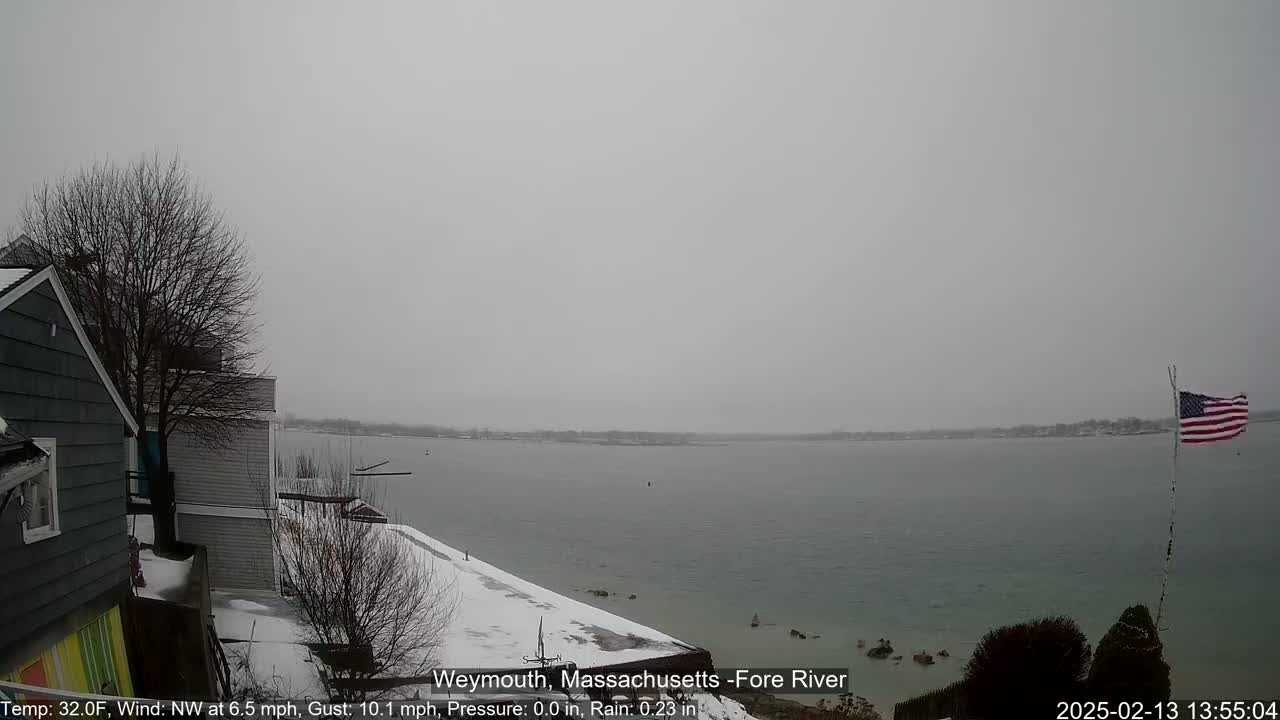 A snow-covered waterfront scene shows a body of water under a gray, overcast sky with a partially visible American flag on a pole to the right.