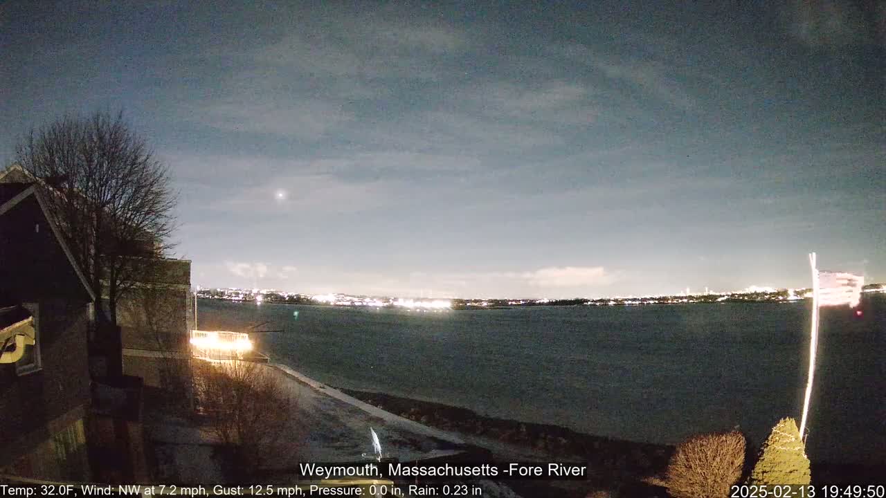 A nighttime view of a calm body of water with a city skyline faintly visible in the distance under a cloudy sky, with a house and a bare tree in the foreground, and light snow on the ground.