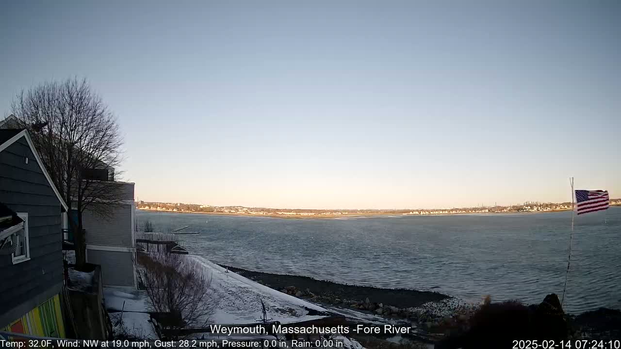 A calm, clear day shows a wide river with a distant shoreline, a snow-dusted riverbank in the foreground, and a partially visible house to the left.