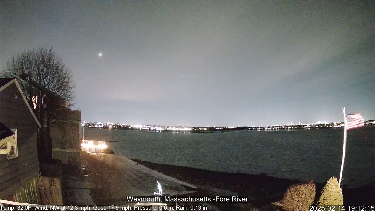 A nighttime view of a calm body of water with a city skyline faintly illuminated in the distance under a cloudy sky, with a house and flag visible in the foreground.
