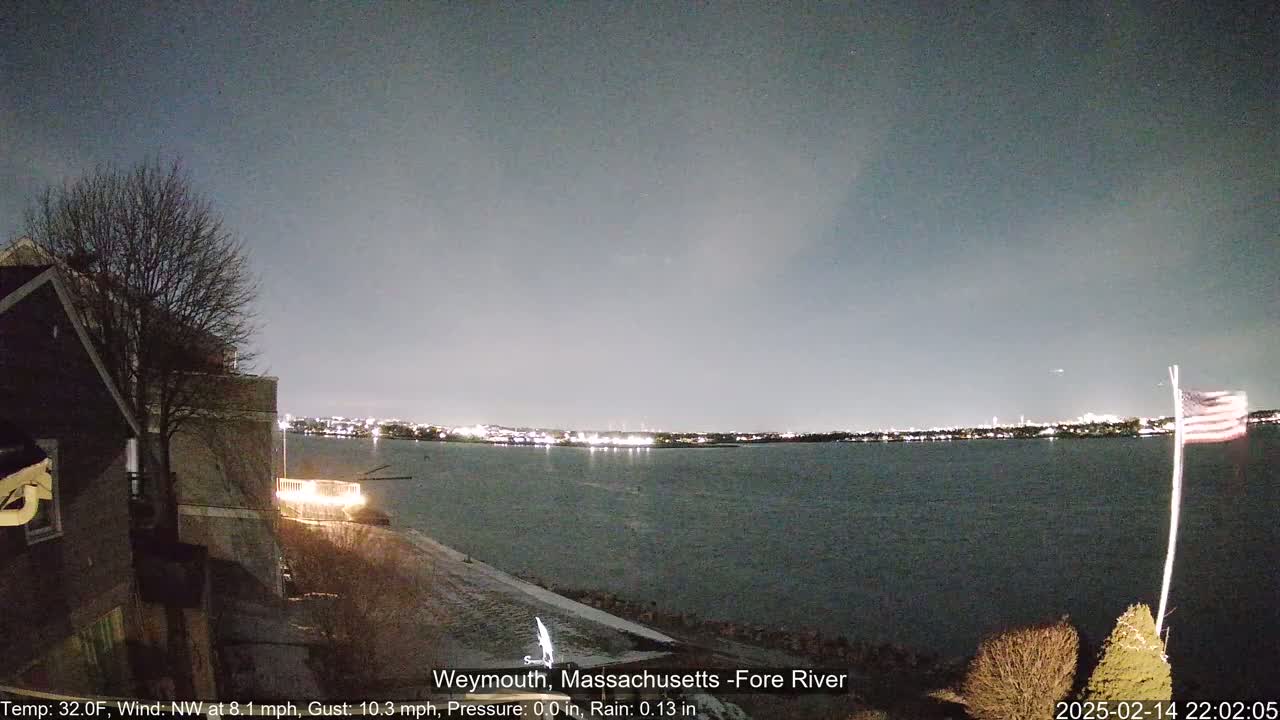 A nighttime view of a calm body of water with city lights in the distance, under a dark, overcast sky.