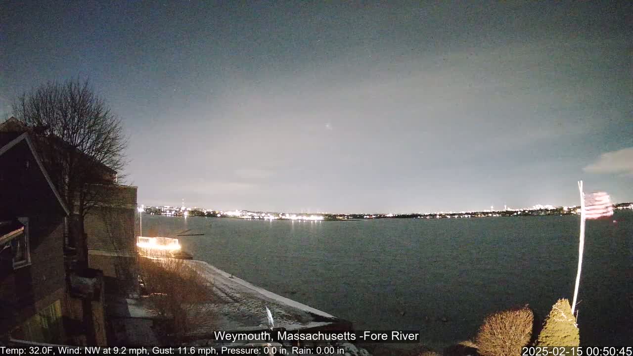 A nighttime view of a calm river with a city skyline faintly visible in the distance, under a dark, clear sky, from a vantage point near a house with a snow-dusted lawn.