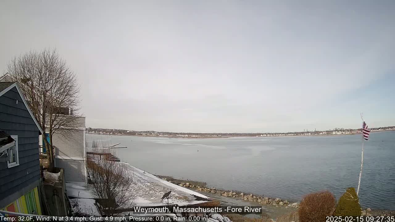 A partly cloudy, cold day with light snow on the ground overlooks a calm river and distant shoreline.