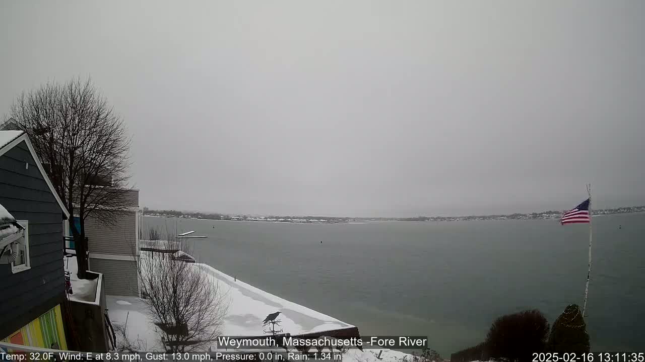 A snow-covered waterfront scene shows a body of water under an overcast sky, with houses and a small American flag visible in the foreground.