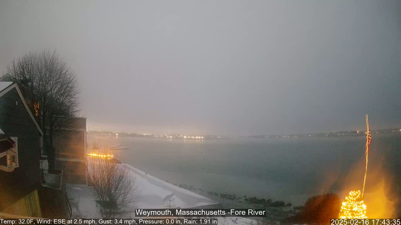 A snow-covered waterfront scene shows a calm body of water under an overcast sky, with a building, trees, and a lit-up Christmas tree visible in the foreground.