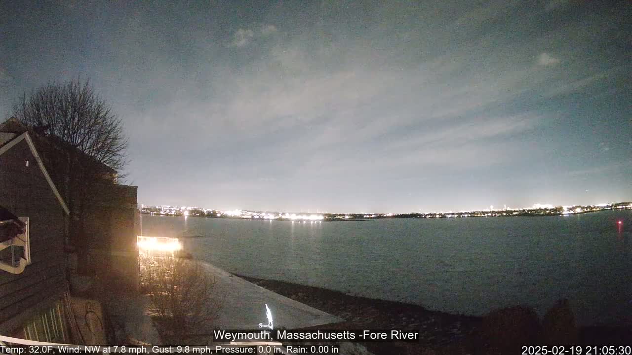 A nighttime view of a calm body of water with city lights in the distance under a cloudy sky.
