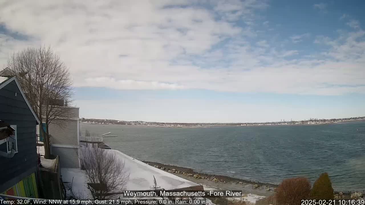 A partly cloudy day reveals a view of a body of water from a snow-covered shoreline with houses and trees visible in the foreground.