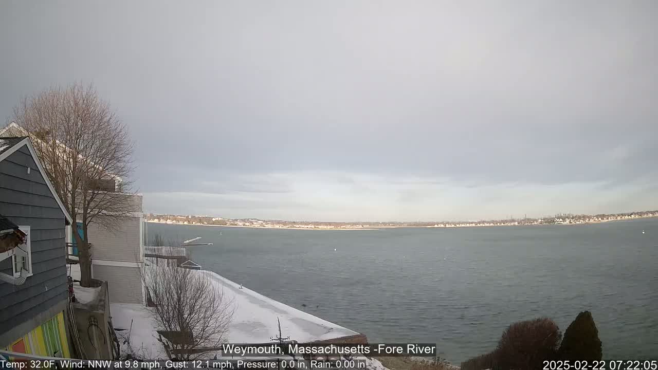 A gray, overcast day shows a calm body of water with a distant shoreline, viewed from a snow-covered waterfront property with a gray house partially visible.