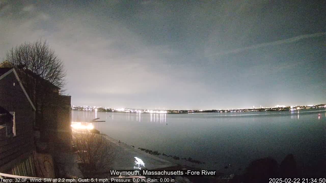 A nighttime view of a calm river reflecting city lights under a mostly clear, dark sky, with a house and a tree visible in the foreground.