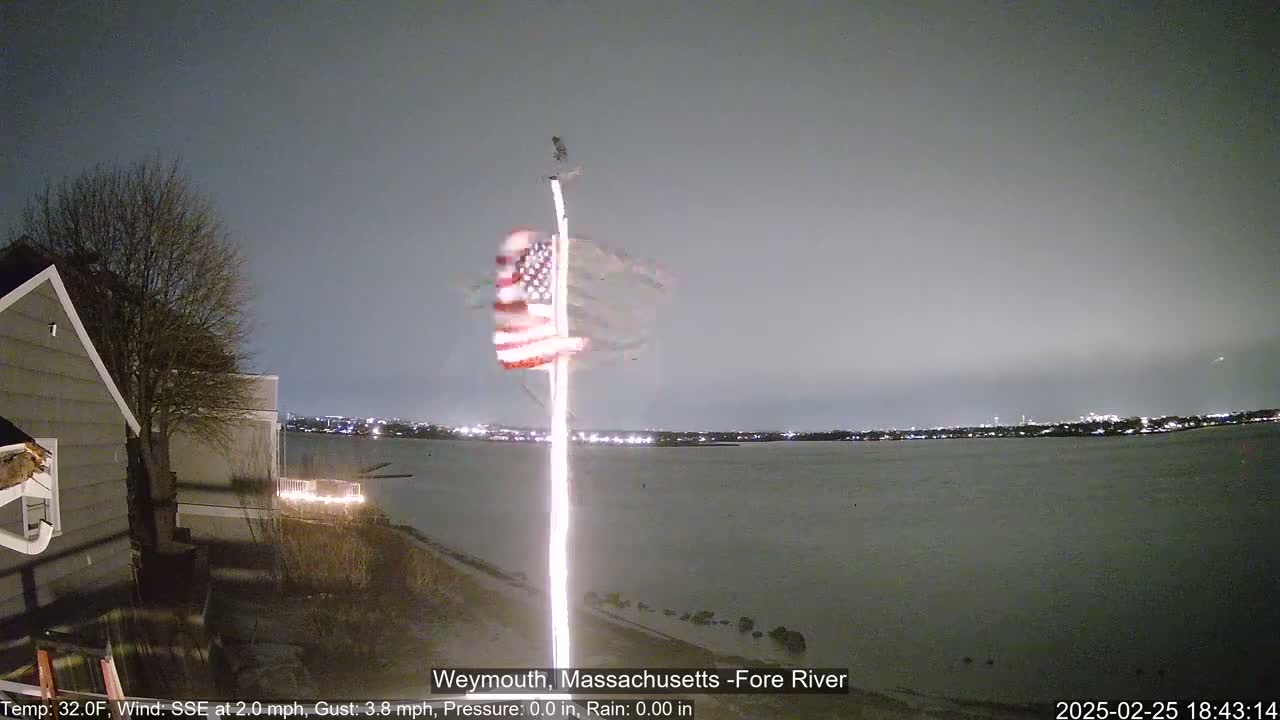 An American flag flaps on a pole at night near a body of water under a dark, overcast sky.