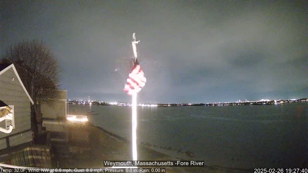 A nighttime view of a partially illuminated American flag waving on a pole overlooking a calm body of water with a city skyline faintly visible in the distance under a cloudy sky.