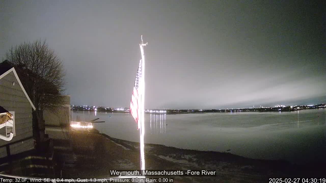 A nighttime view of a calm river, with a partially lit shoreline and an American flag on a pole in the foreground, under a mostly cloudy sky.