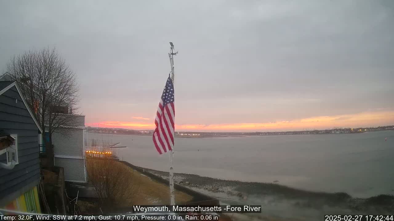 A partly cloudy sunset over a calm body of water, with an American flag on a pole in the foreground and houses visible on the left.