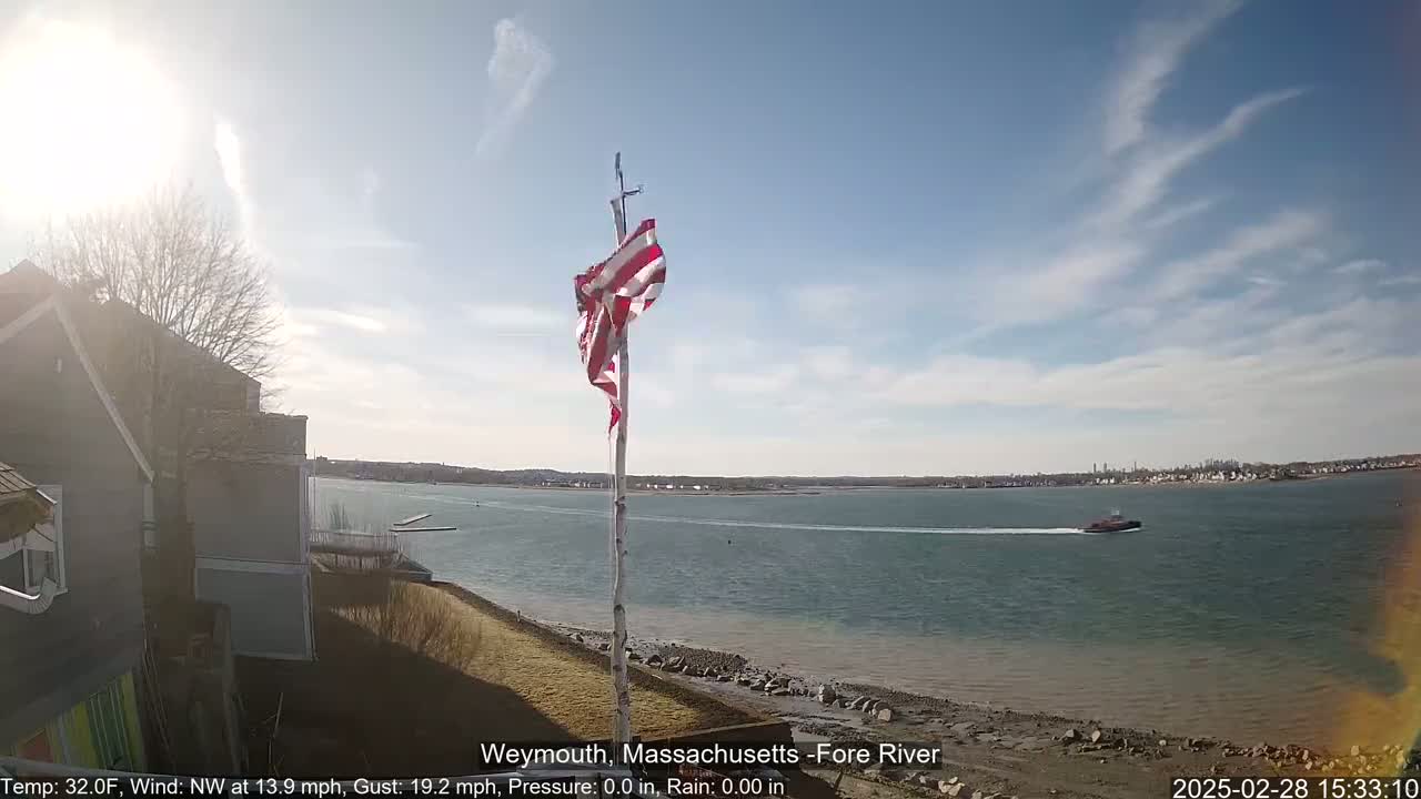 A partly sunny day with a light wind shows an American flag waving near a waterfront residential area, a tugboat on the river, and a distant shoreline.
