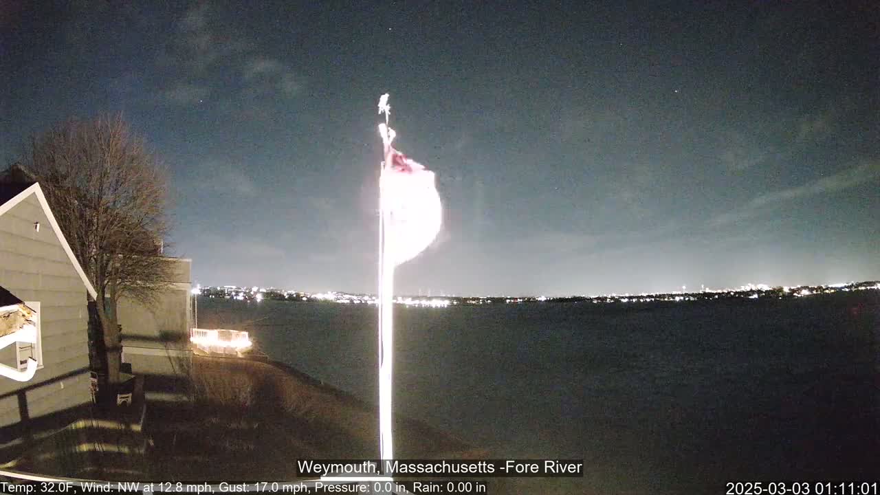 A nighttime view of a flagpole with a partially illuminated flag in front of a house overlooking a dark body of water with a distant city skyline faintly visible under a mostly clear sky.