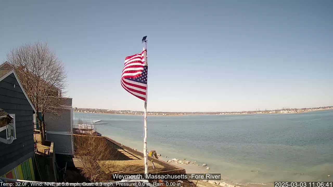 An American flag flies near a house overlooking a calm body of water under a clear, blue sky.
