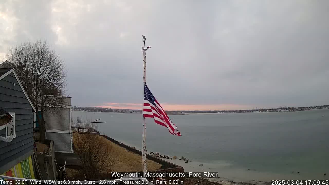 A partly cloudy sky hangs over a calm body of water, with an American flag waving on a pole near a residential area.