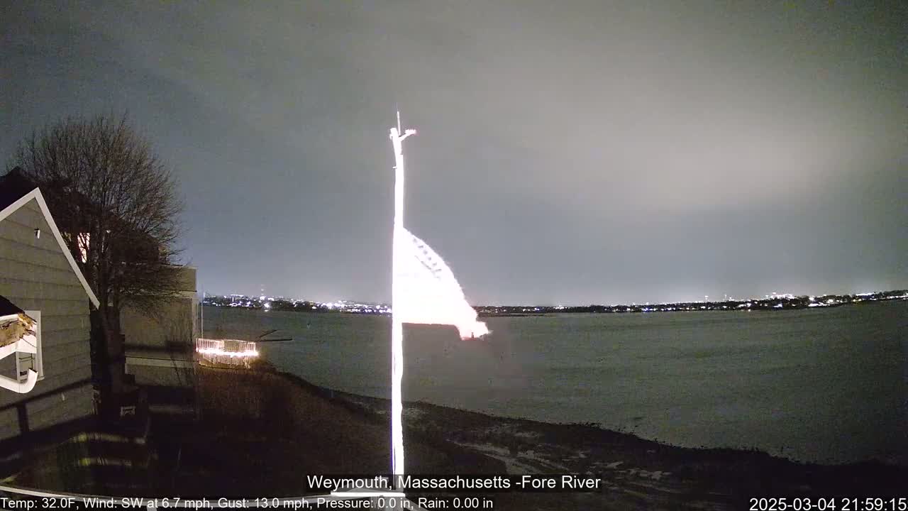 A nighttime view of a body of water with a city skyline in the distance, a flagpole with a flag, and a house with a tree visible in the foreground, under a cloudy sky.