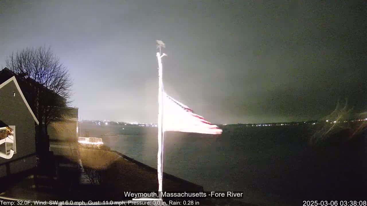 A nighttime view of a flag waving in the wind over a dark body of water, with lights visible in the distance under a mostly cloudy sky.