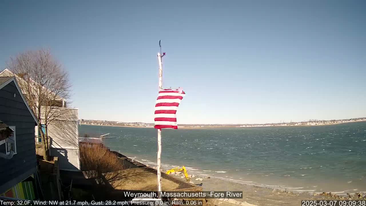A tattered American flag waves on a pole near a shoreline, with a choppy body of water and a distant town visible under a clear sky.