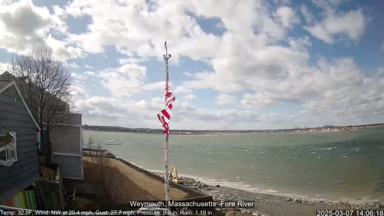 A partly cloudy day with a windy, choppy body of water is viewed from a waterfront location, showing a partially furled American flag on a pole and a small piece of construction equipment.