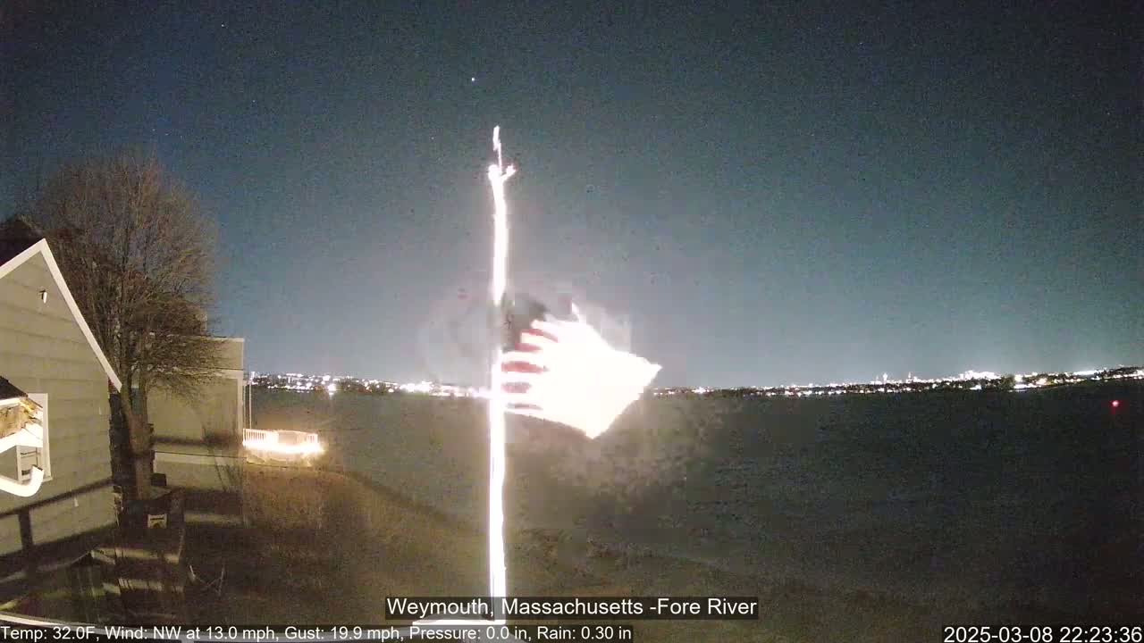 An American flag flaps on a pole at night near a body of water under a dark sky with a northwest wind and light rain.