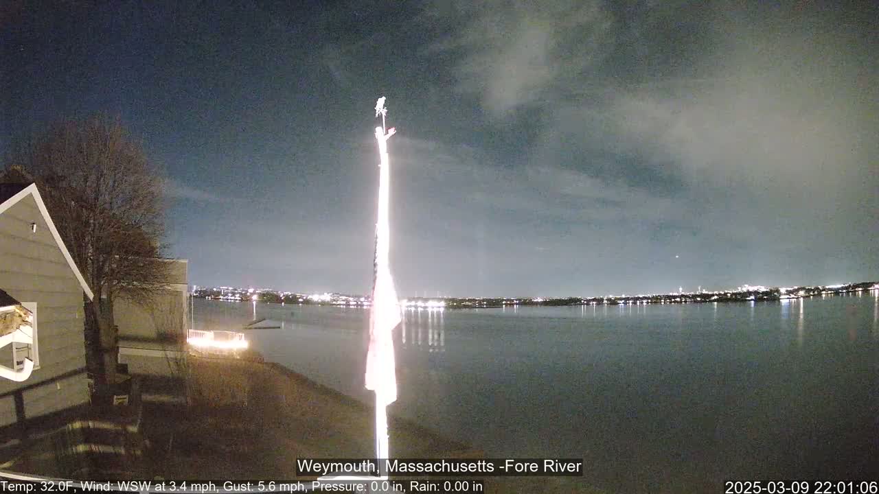 A nighttime view of a calm body of water with city lights across the water, a flagpole in the foreground, and a house and trees to the left.