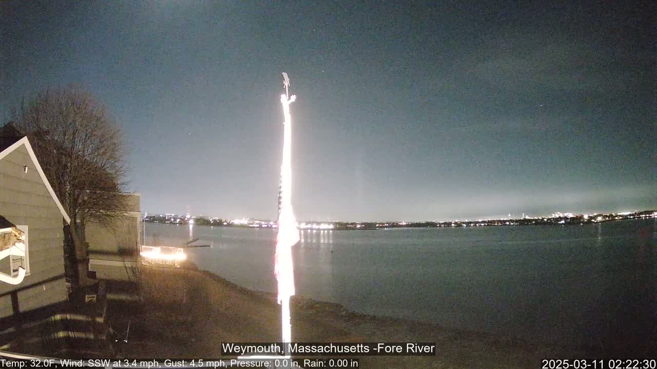 A nighttime view of a calm body of water with city lights across the water, a flagpole in the foreground, and a house partially visible to the left.