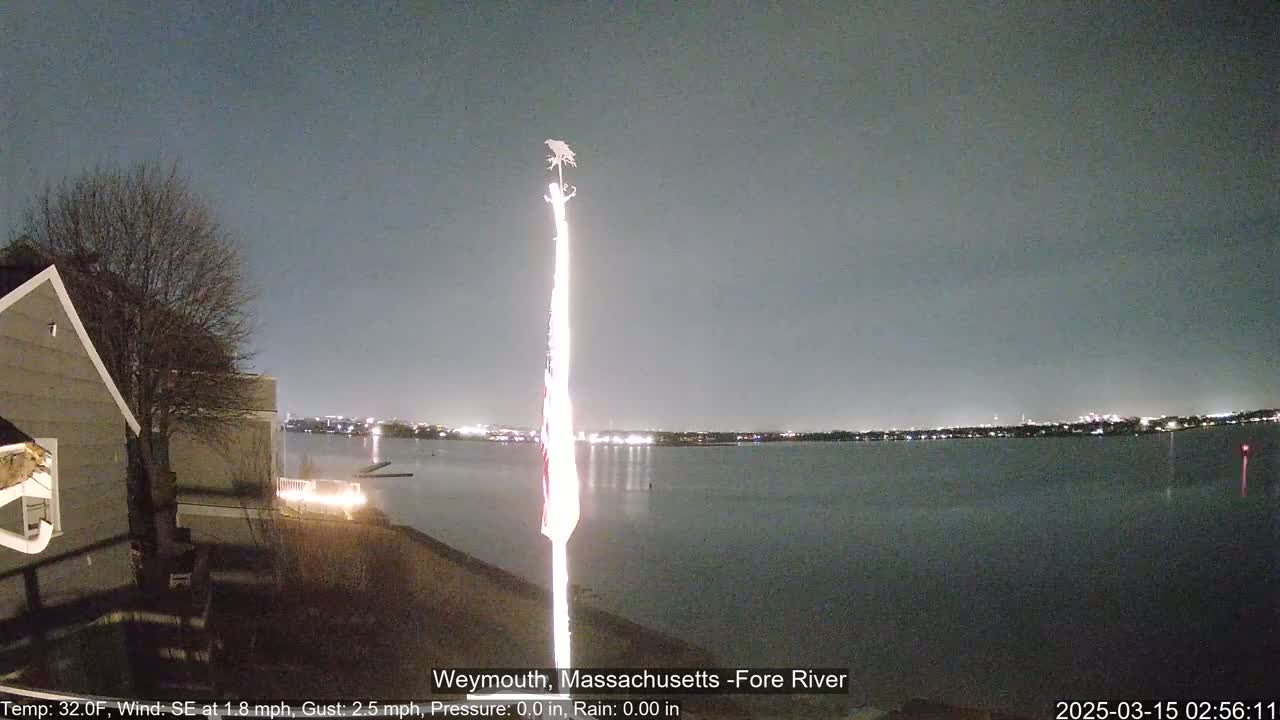 A nighttime view of a calm body of water under a dark sky, with a flagpole in the foreground and a house partially visible to the left.
