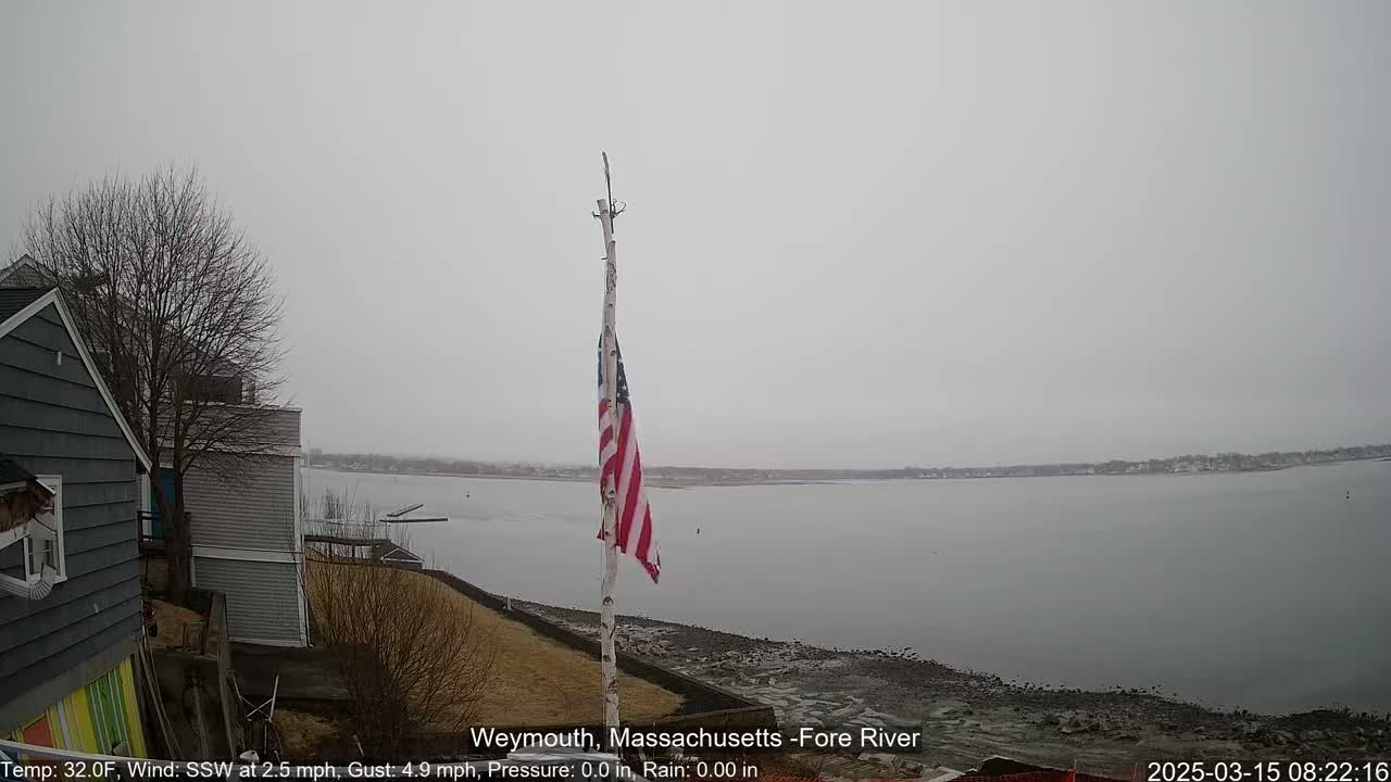 An American flag flies from a pole near a house overlooking a calm, gray river under an overcast sky.