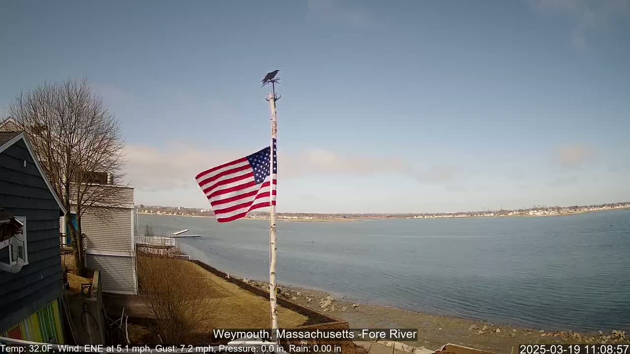 An American flag flies on a pole near a house overlooking a calm body of water under a mostly clear sky.