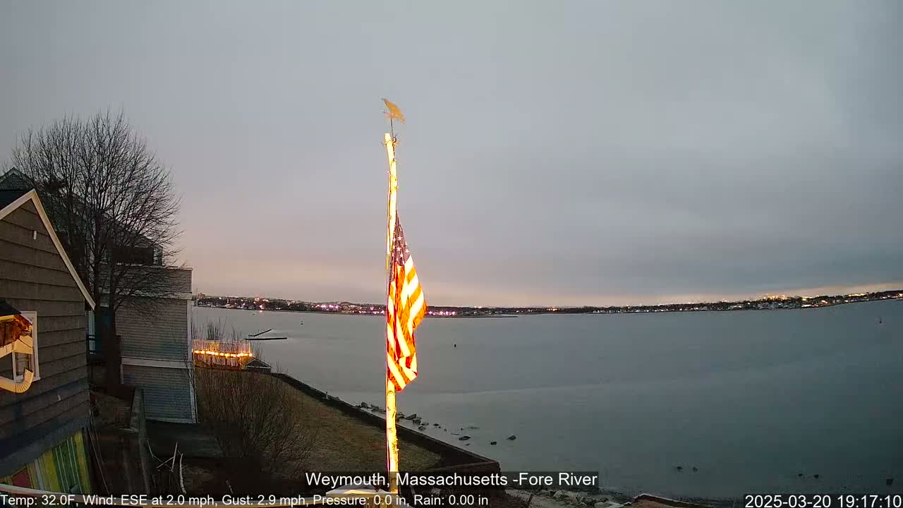 An American flag hangs limply from a pole overlooking a calm, gray body of water under an overcast sky, with a shoreline of houses and lights visible in the distance.