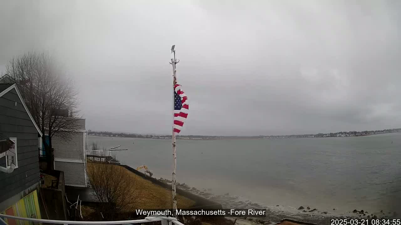 An American flag flies from a pole on a gray, overcast day overlooking a calm body of water with houses and bare trees visible in the background.