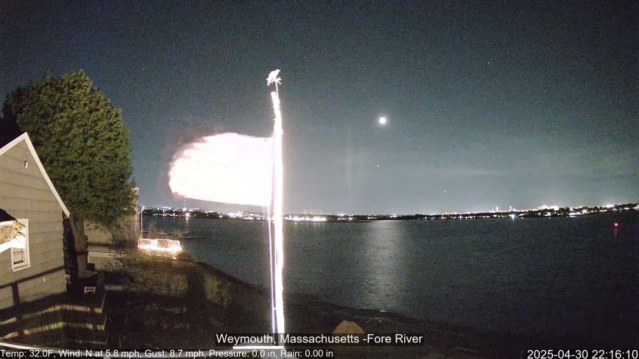A nighttime view of a calm body of water, illuminated city lights across the water, a flag on a pole, a house, and a tree under a clear, dark sky.