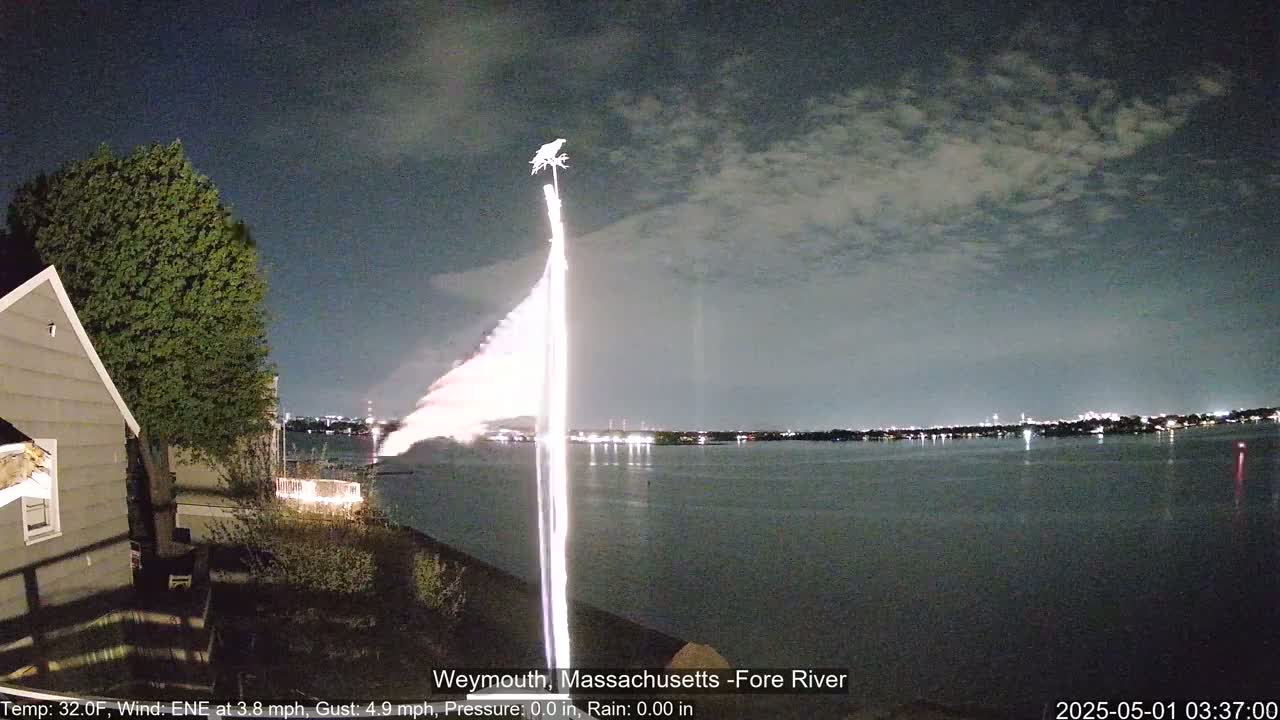 A nighttime view of fireworks exploding over a calm body of water, with a house and tree visible in the foreground under a partly cloudy sky.