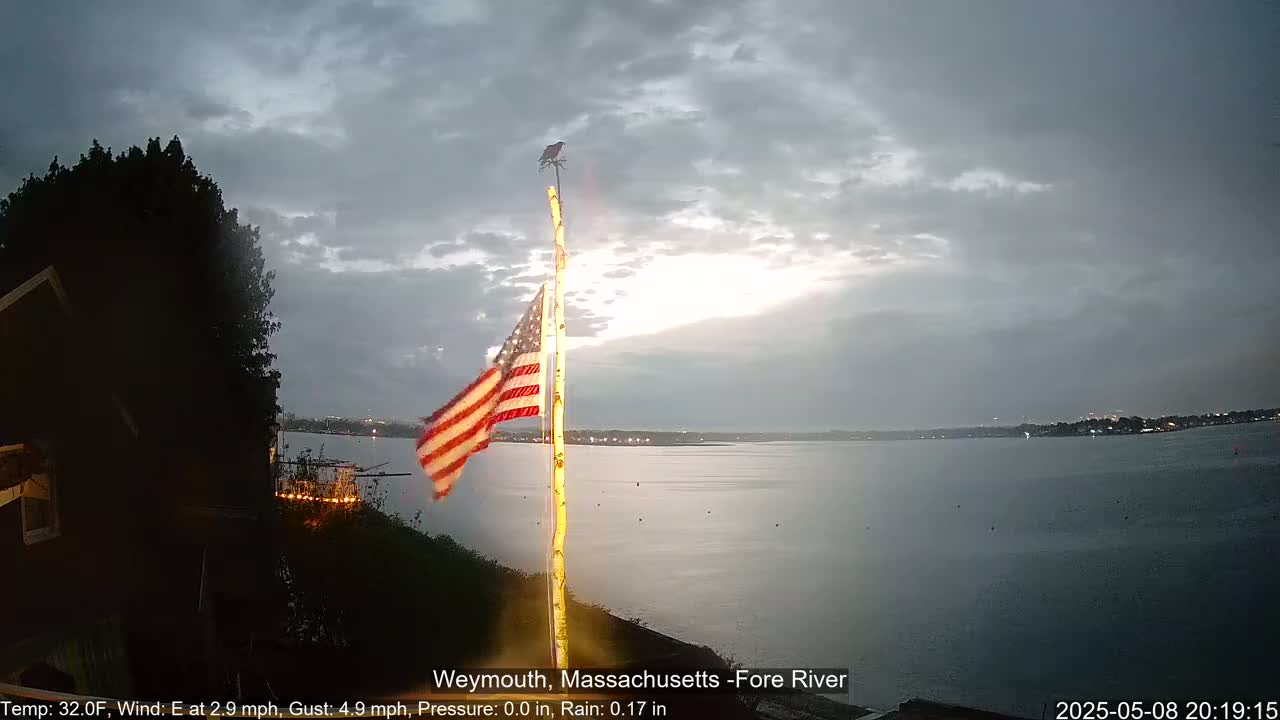 An American flag hangs from a pole near a calm body of water under an overcast sky.