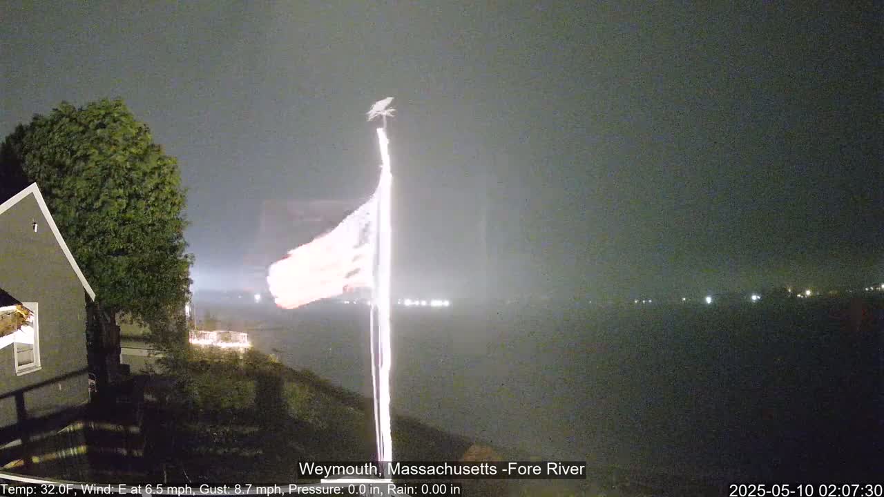 An American flag flaps on a flagpole at night near a house, with a dark, overcast sky and a body of water in the background.