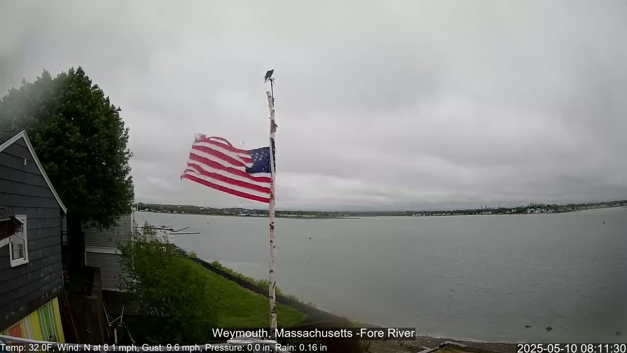 An American flag flaps in the wind on a flagpole overlooking a calm body of water under an overcast sky.