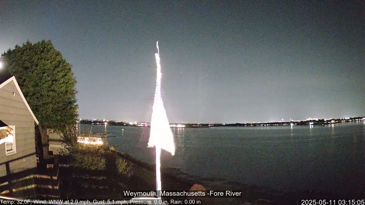 A nighttime view from a backyard shows a calm body of water with lights across the far shore under a dark, clear sky, and a flagpole with a white flag in the foreground.