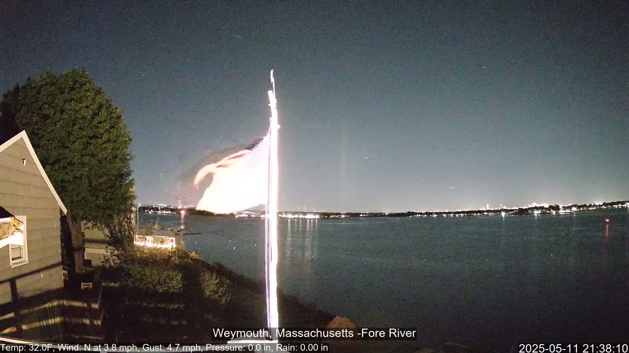 A nighttime view of a flag waving near a house overlooking a calm body of water with city lights in the distance under a clear sky.