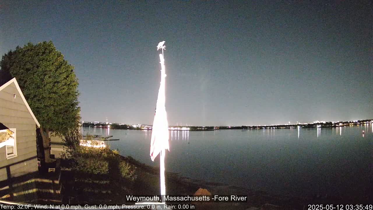 A nighttime view of a calm body of water reflecting city lights across the horizon, with a partially illuminated American flag on a pole in the foreground.