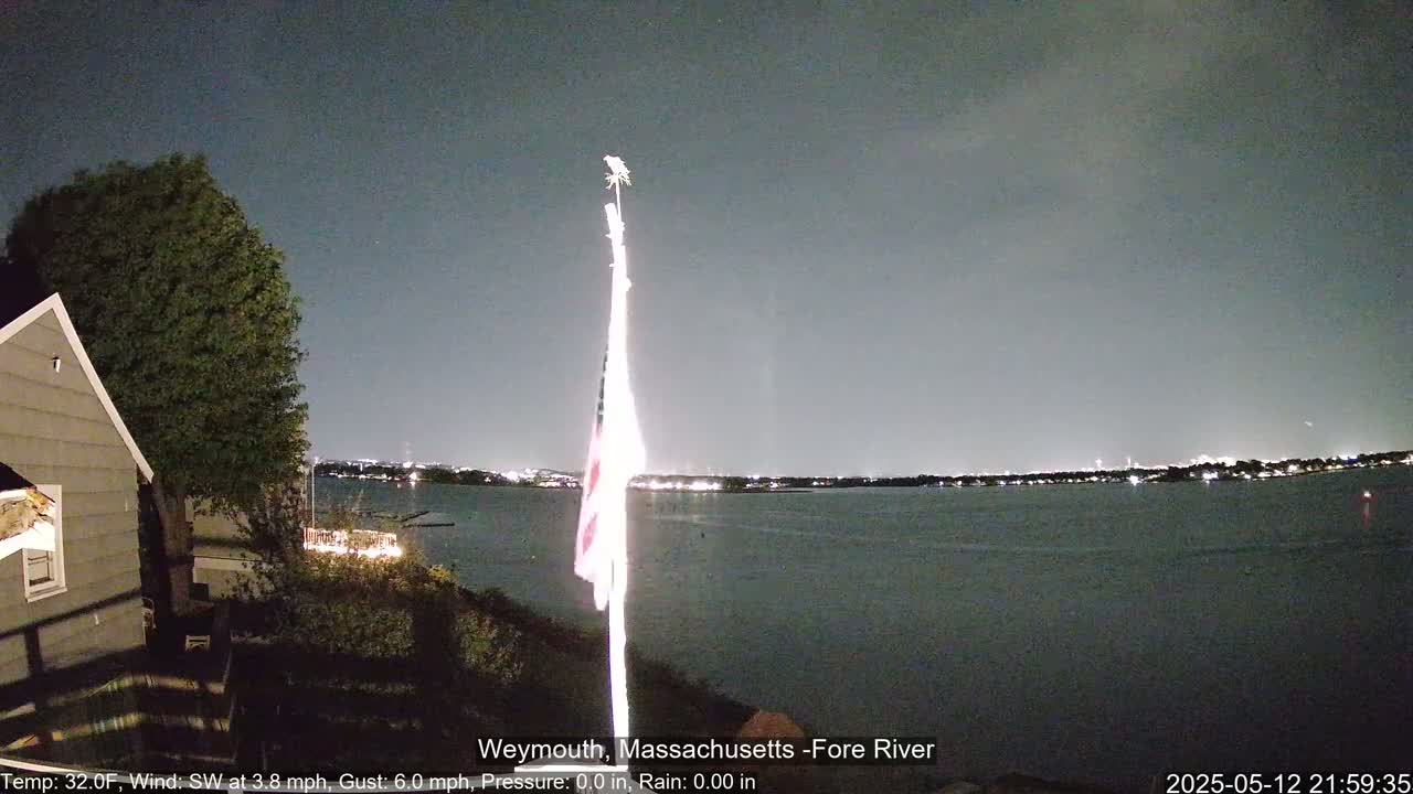 A nighttime view of a calm body of water, illuminated by city lights across the water, with a flagpole and a house visible in the foreground under a dark, clear sky.