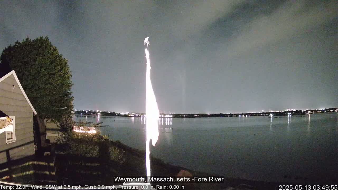 A nighttime view of a calm river reflecting city lights, with a flagpole and a house partially visible in the foreground under a dark, cloudy sky.