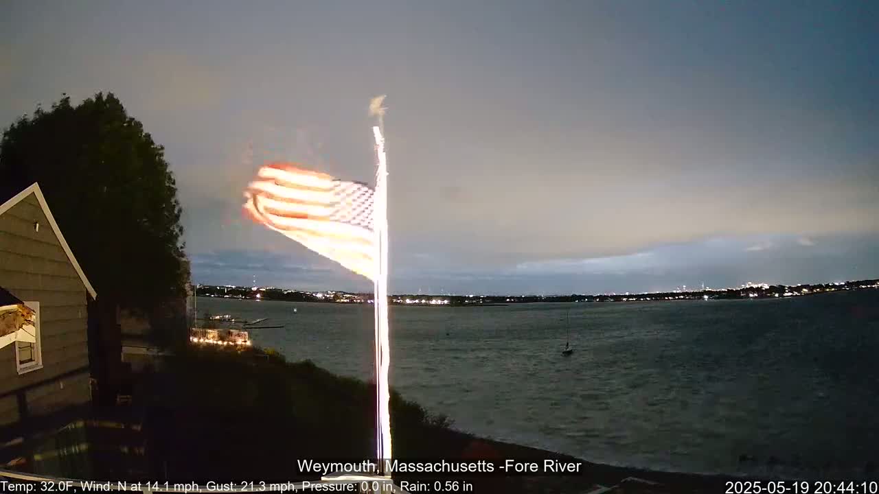 An American flag waves vigorously in the wind at night over a dark body of water, with city lights visible in the distance under a mostly cloudy sky.