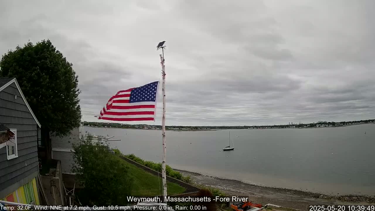 An American flag waves on a pole near a gray house overlooking a calm, gray body of water under an overcast sky.