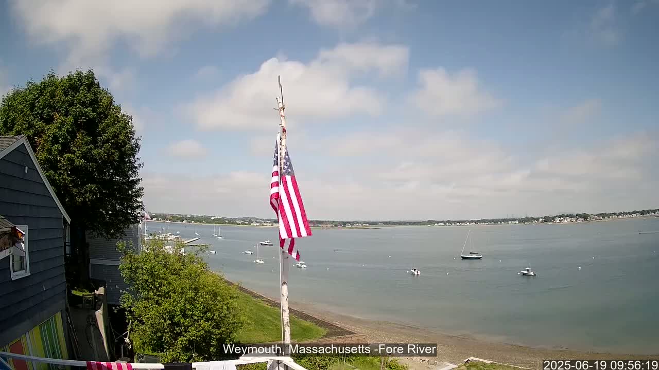 An American flag flies on a pole overlooking a calm river with several boats, a partly cloudy sky above.