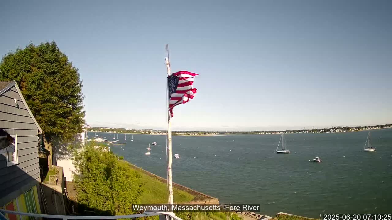 A slightly tattered American flag waves on a pole overlooking a calm body of water with several sailboats, a house, and some greenery in the foreground under a clear sky.